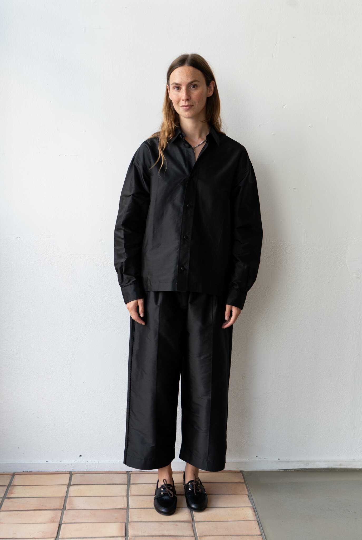 Silk Dupion Dennis Shirt With Trim Black