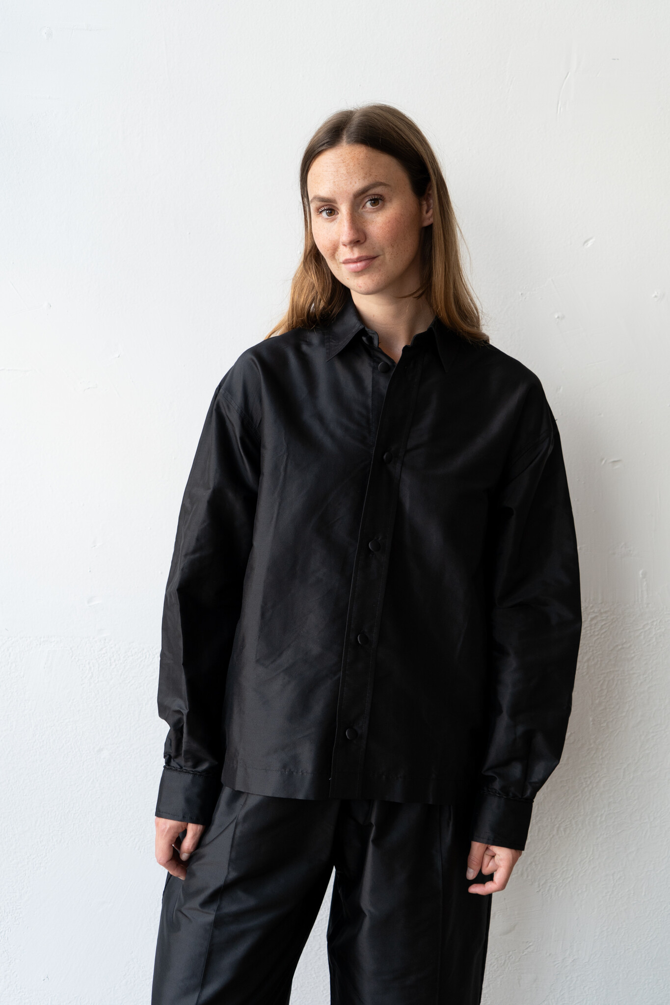 Silk Dupion Dennis Shirt With Trim Black