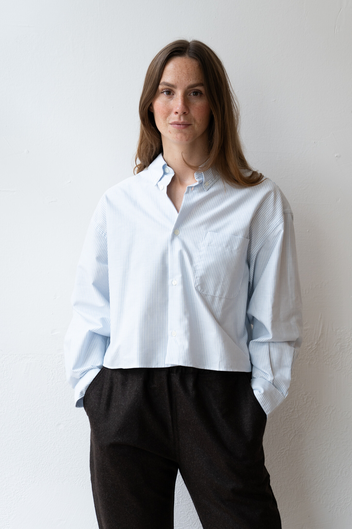 Sophia Button Down Logo Chemise Blue Fine Stripe