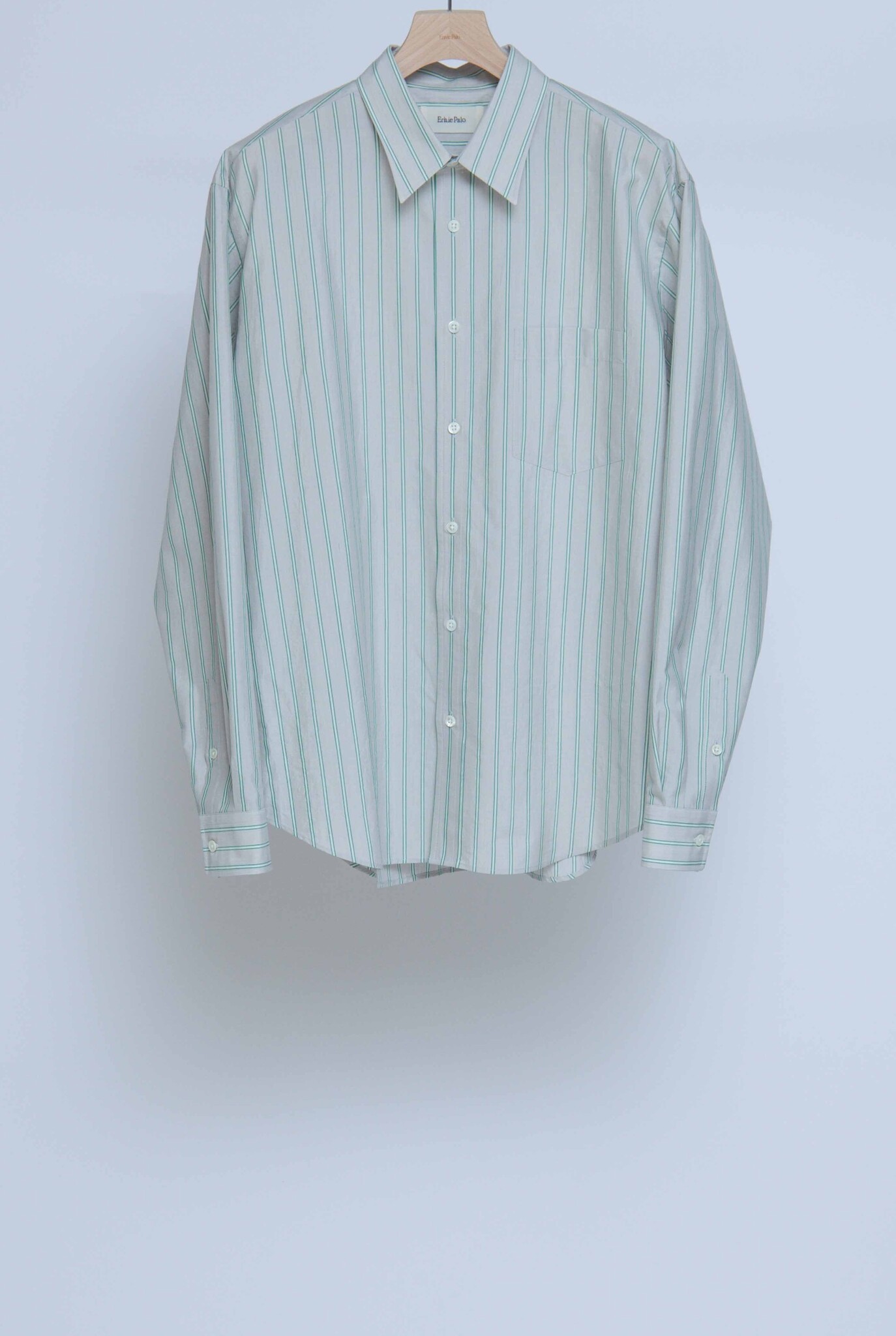 Cotton silk shirt green fine stripe