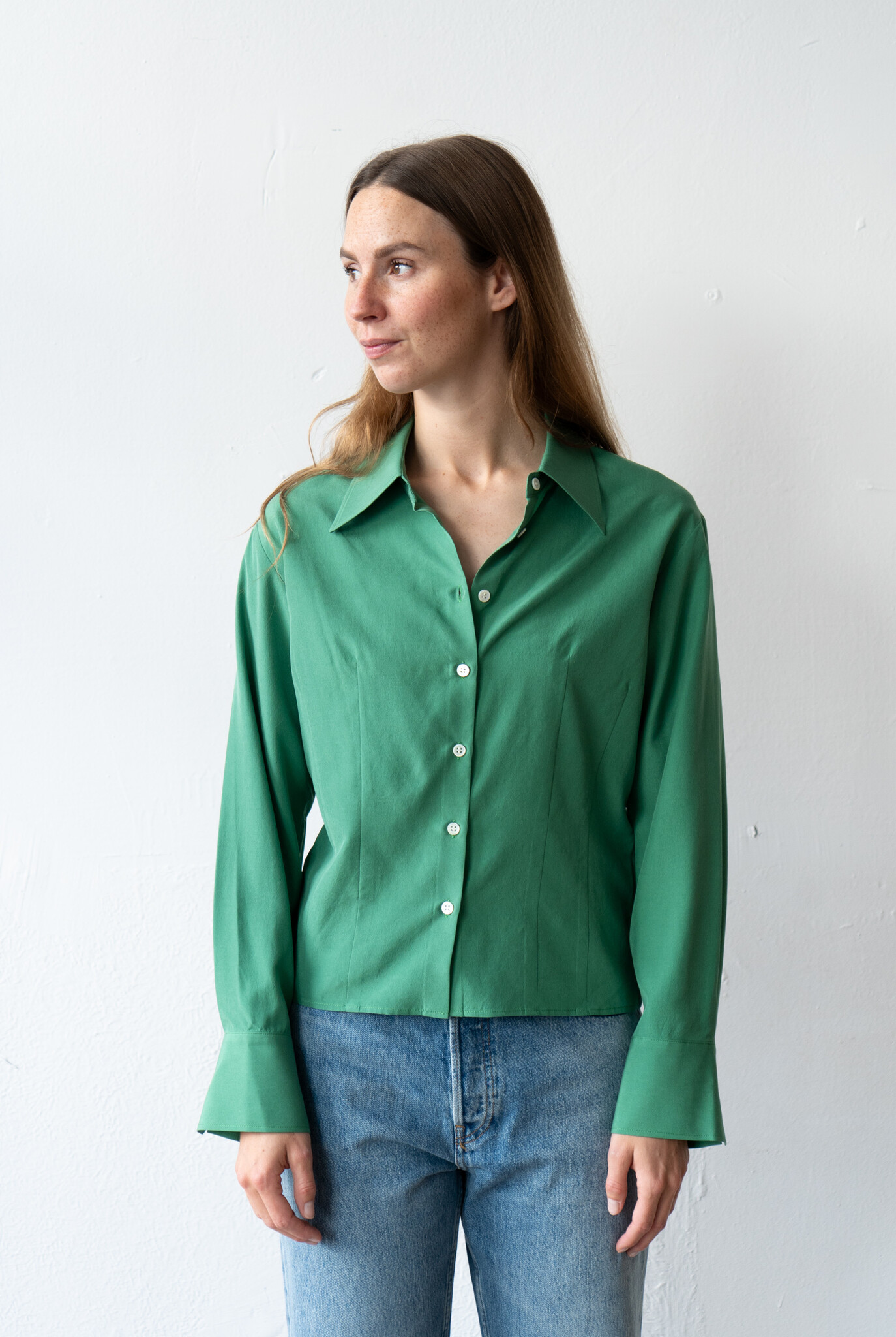 Green silk  fitted shirt