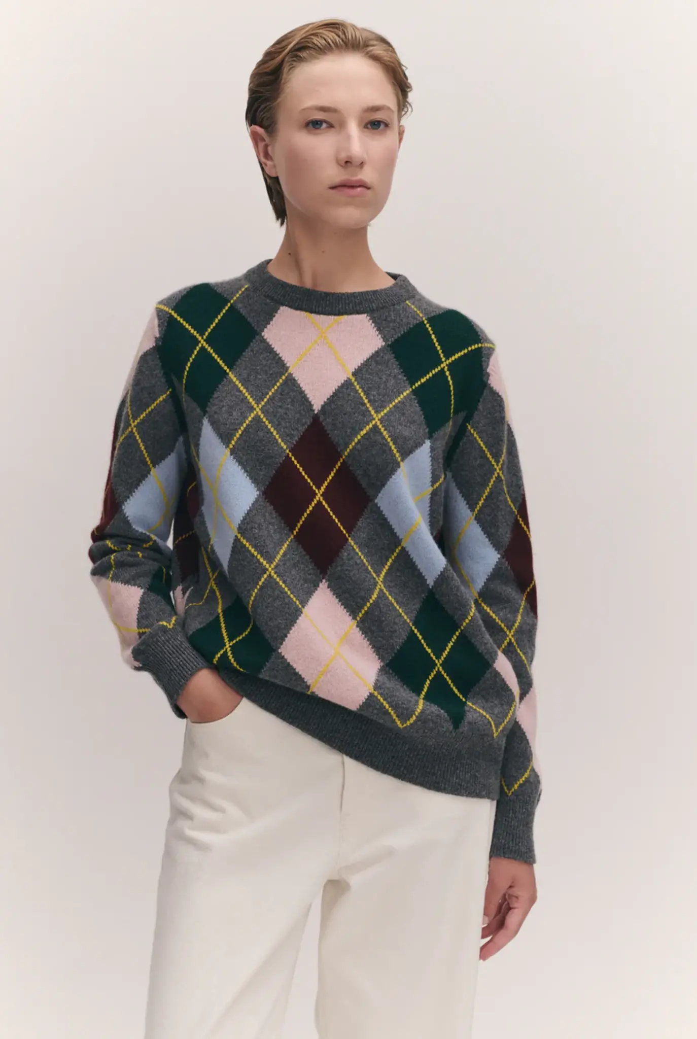 Argyle slouch crewneck - grey with pale pink
