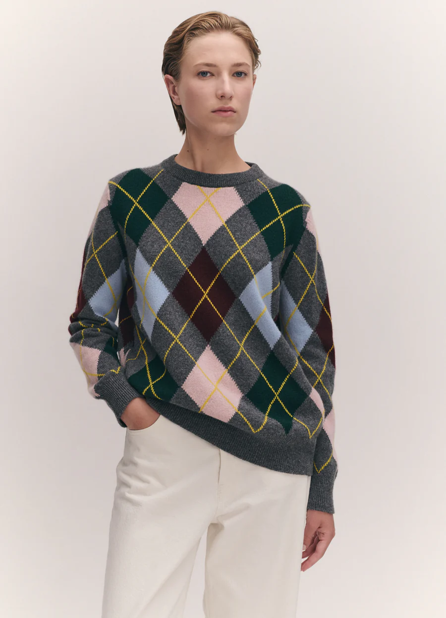 Argyle slouch crewneck - grey with pale pink