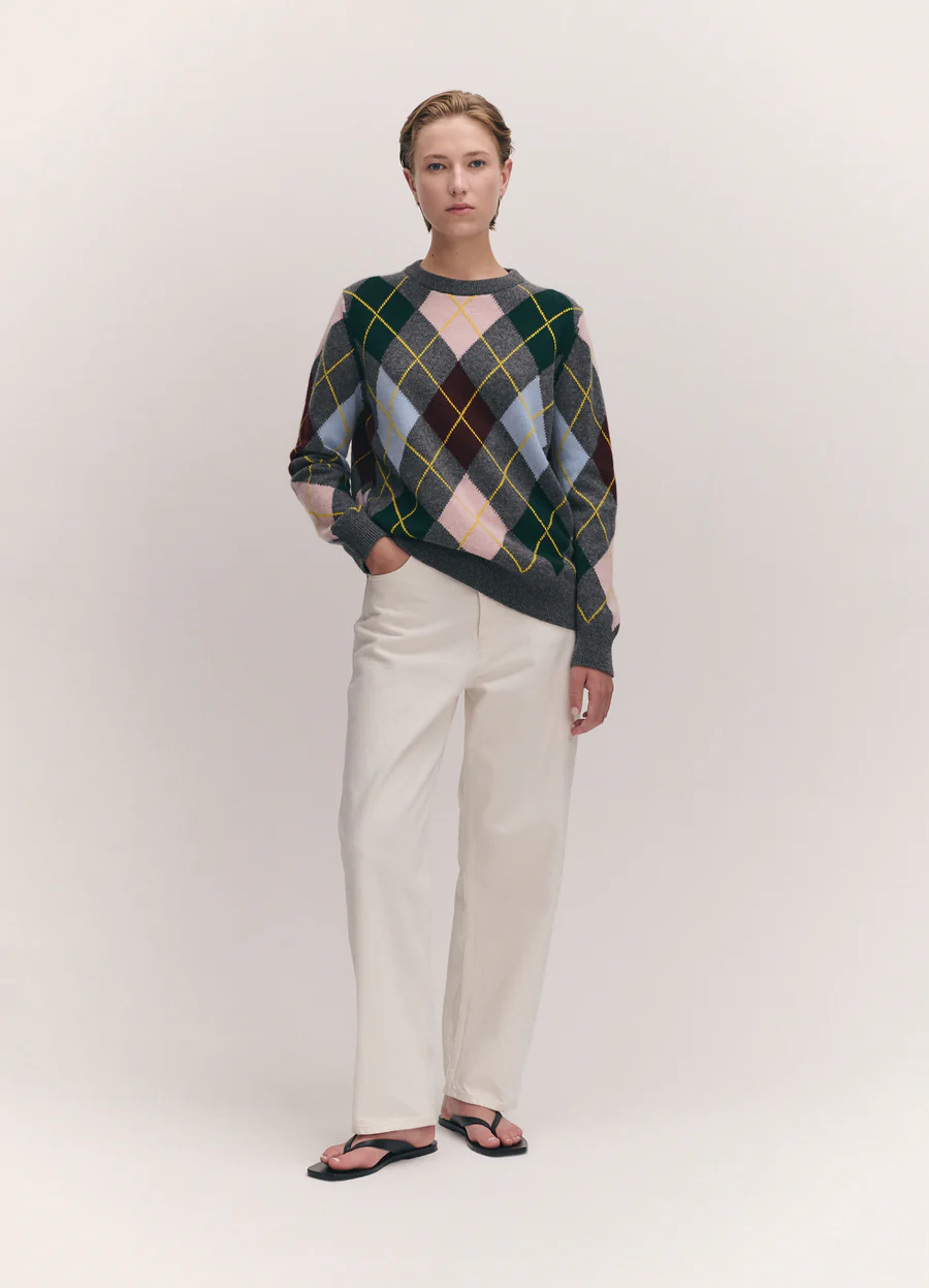 Argyle slouch crewneck - grey with pale pink