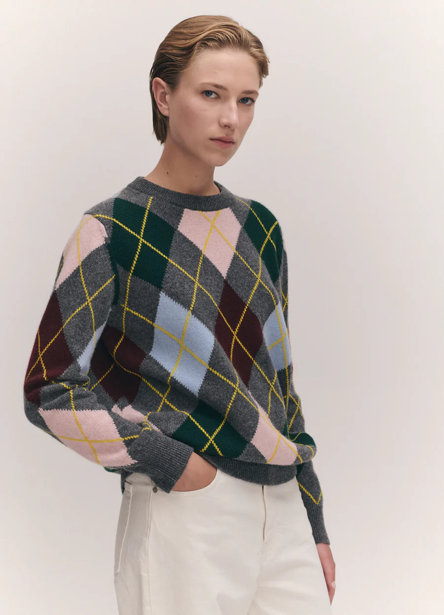 Argyle slouch crewneck - grey with pale pink