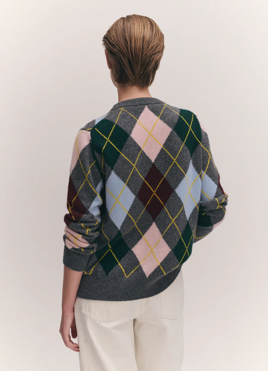Argyle slouch crewneck - grey with pale pink