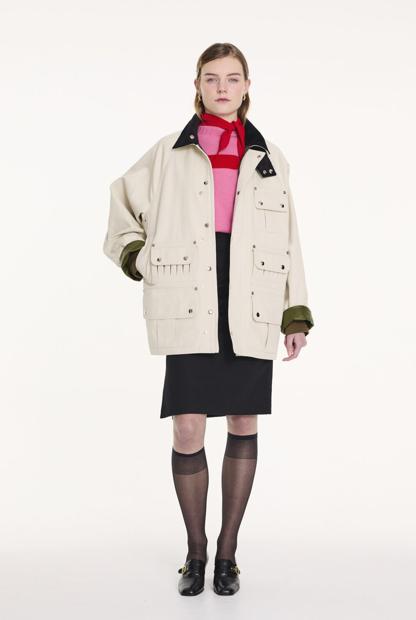 Rene bonded cotton utility jacket ECRU/BLACK