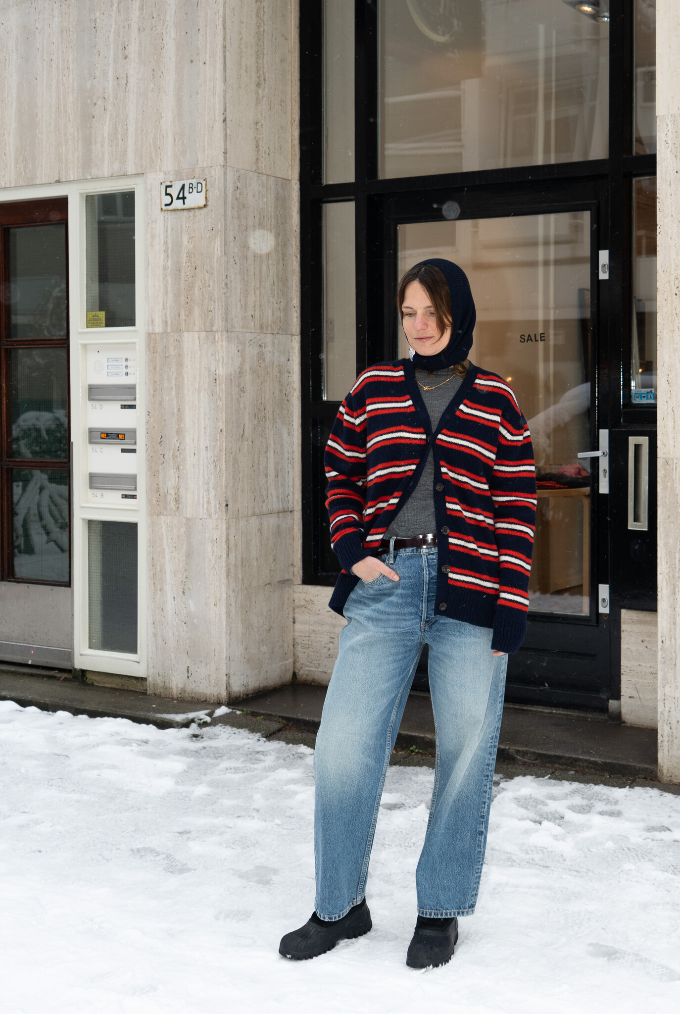 shetland stripe cardigan - navy with red & ecru