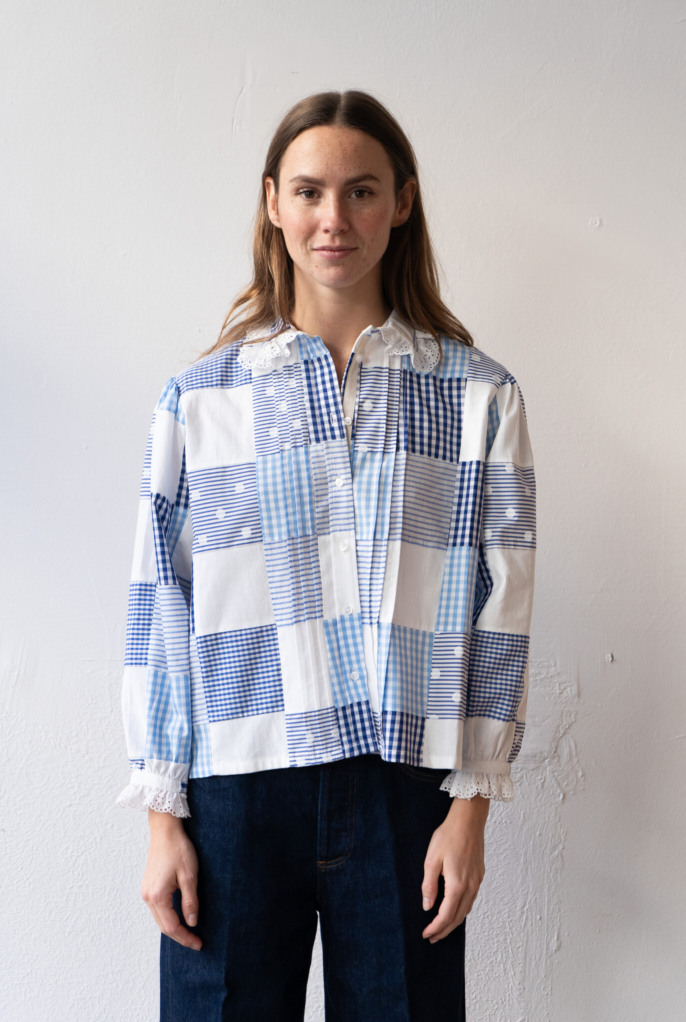 Jane Patchwork Blouse White Blue