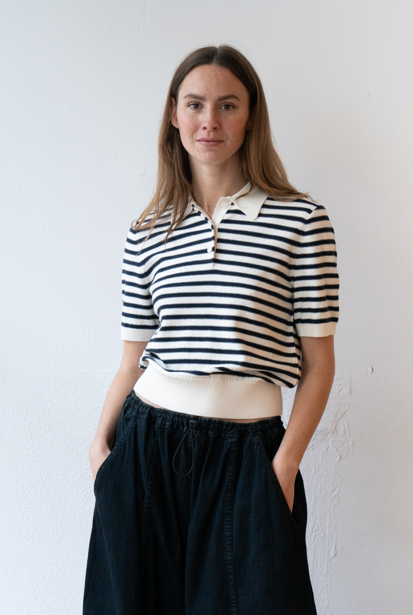 Polo Shortsleeve Ecru Dark Navy Stripes