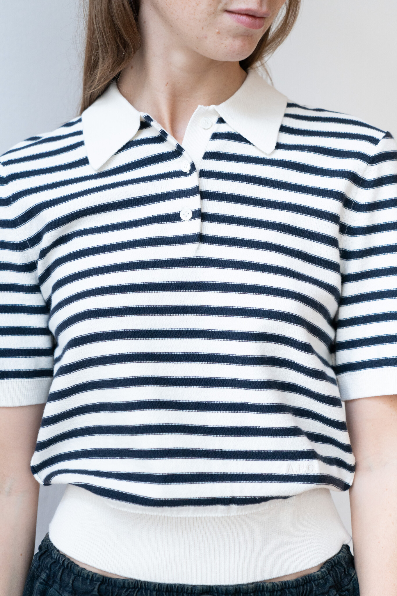 Polo Shortsleeve Ecru Dark Navy Stripes