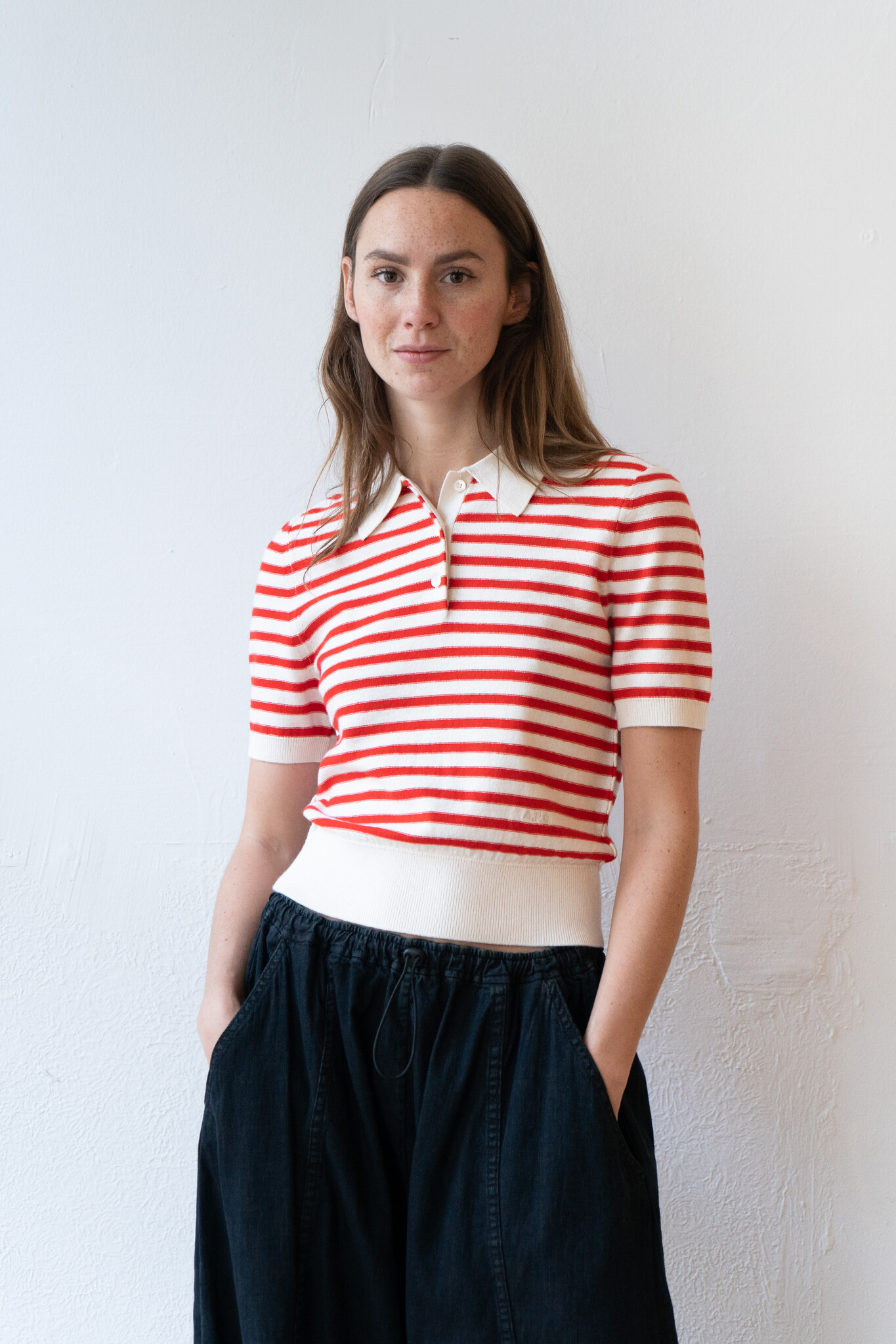 Polo Shortsleeve Ecru Rouge Stripes