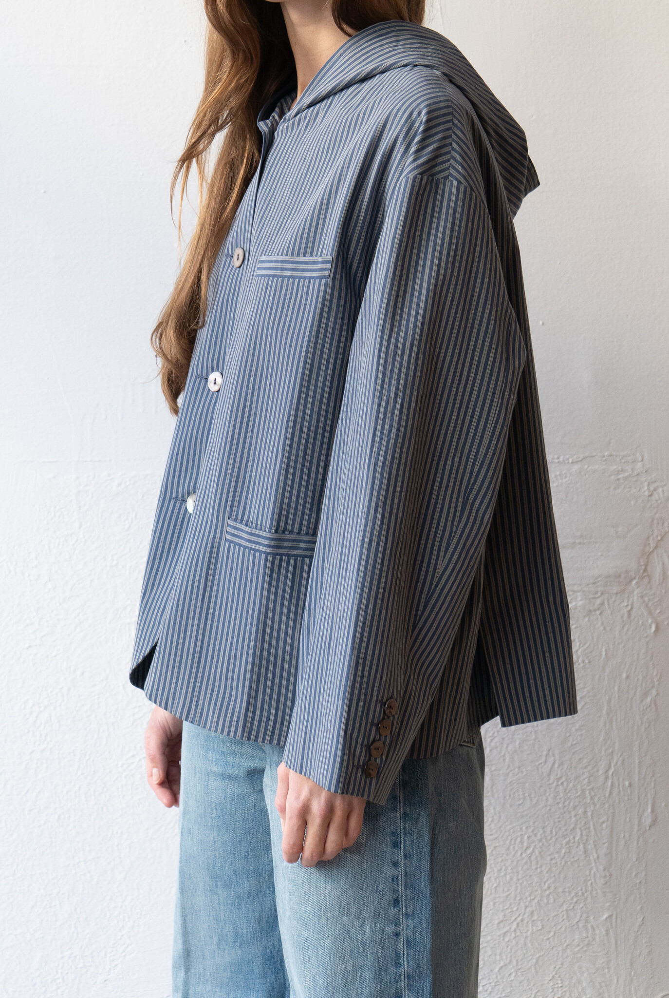 Reeva Hooded Shirt Cotton Navy Camel Stripe