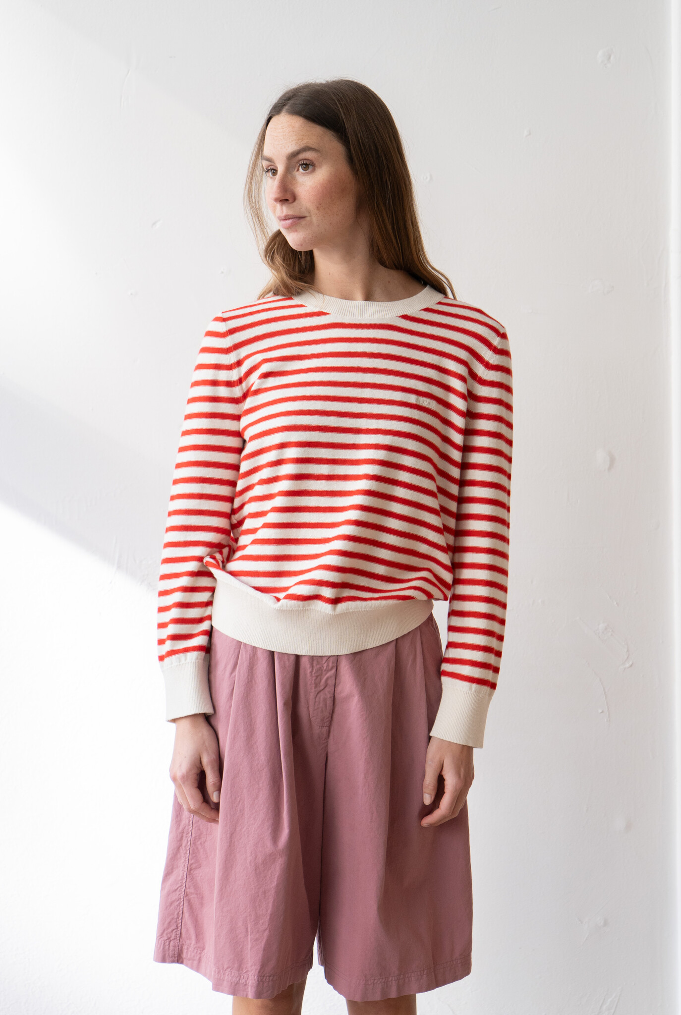 Round Neck Sweater Ecru Rouge Stripes