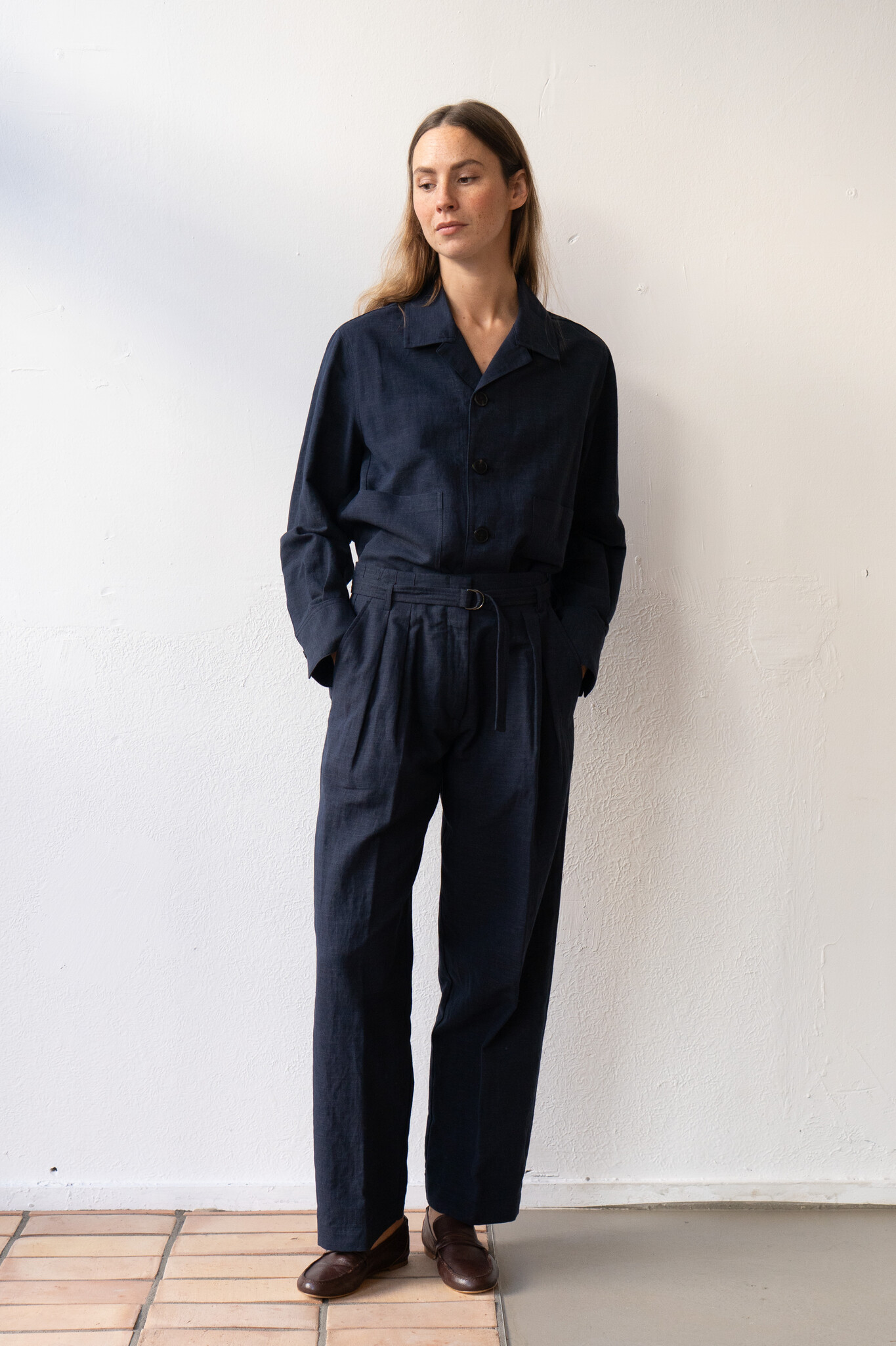 High Waist Pleated Linen Navy Trouser
