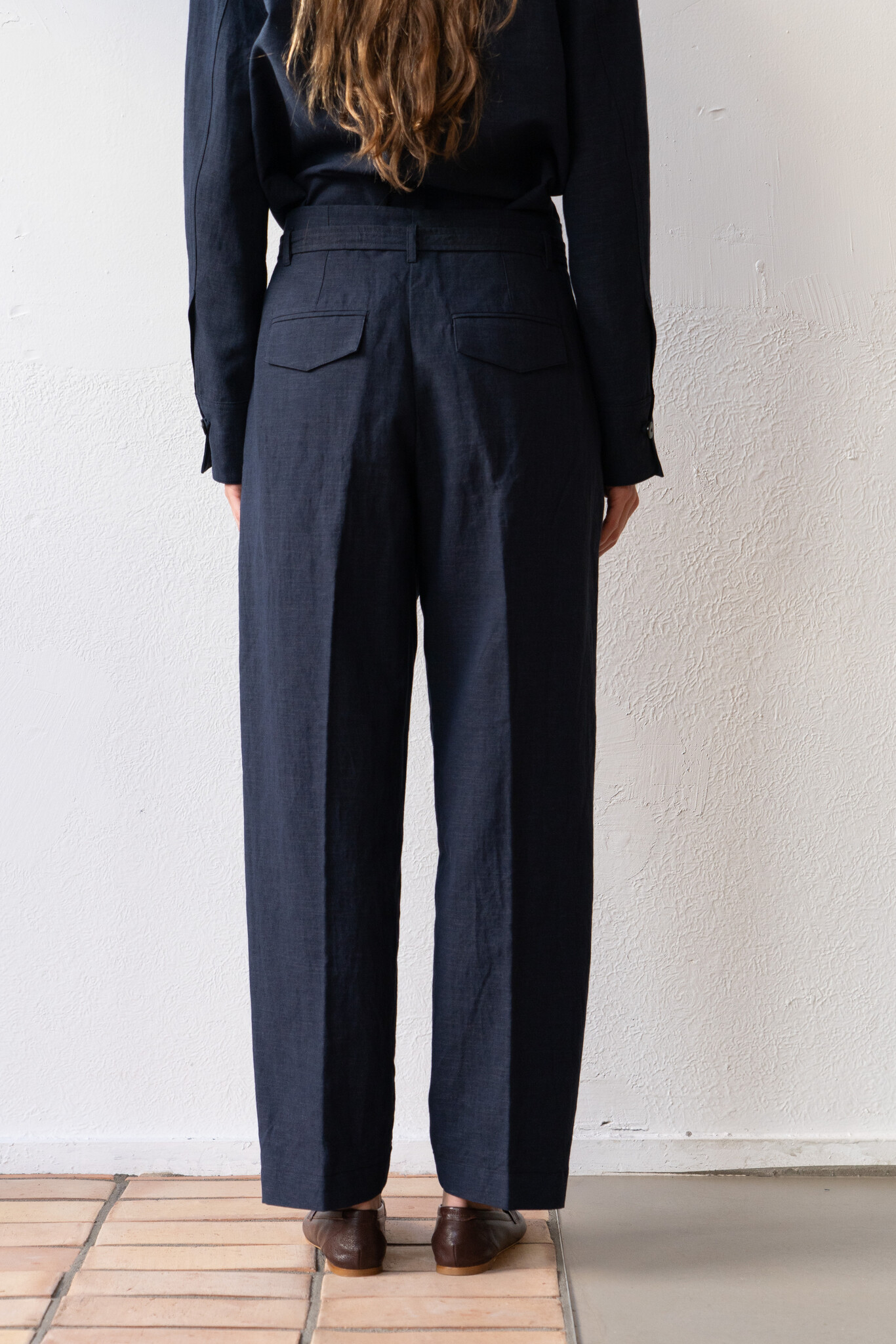 High Waist Pleated Linen Navy Trouser
