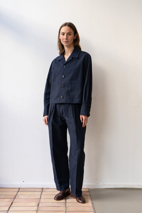 High Waist Pleated Linen Navy Trouser