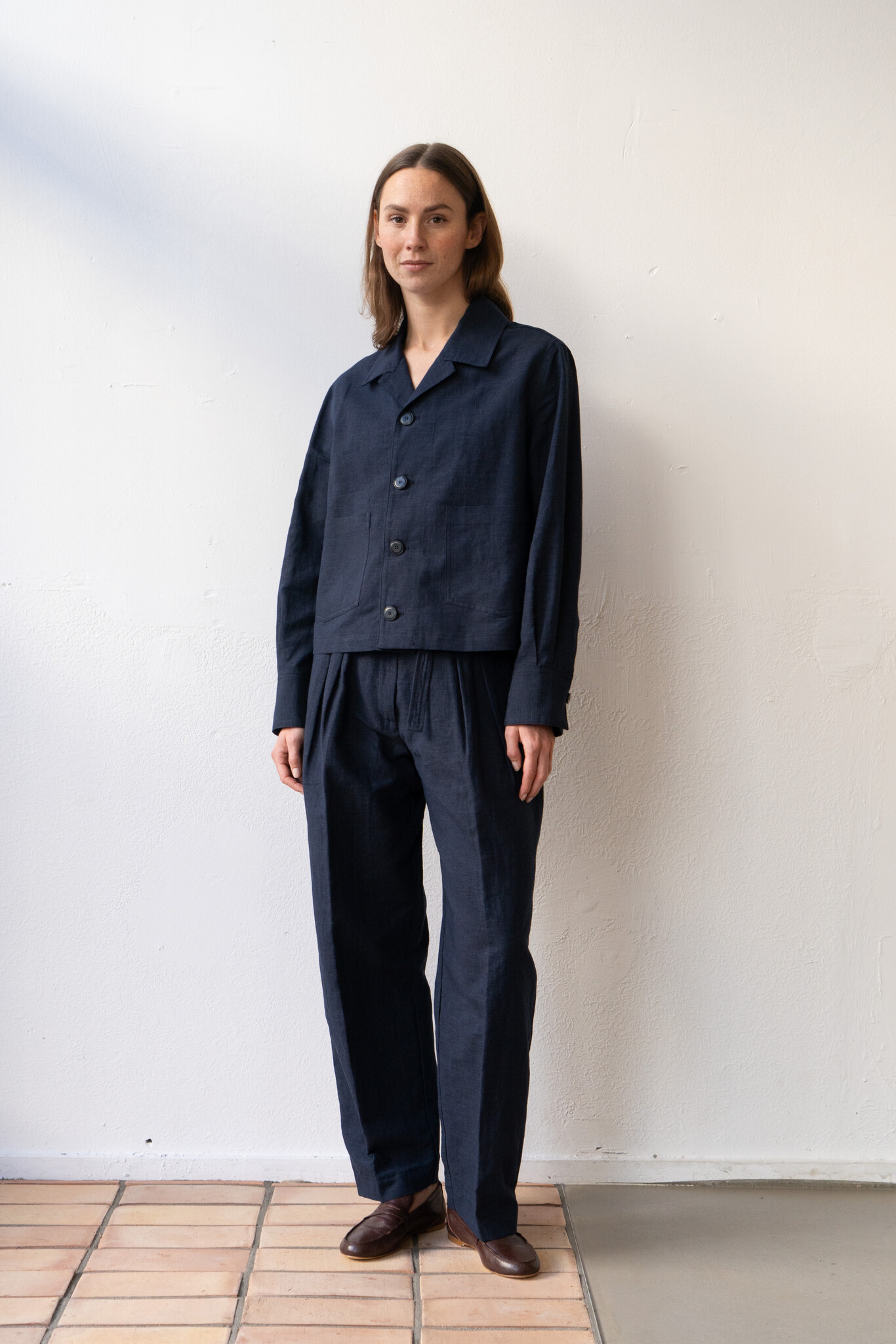 High Waist Pleated Linen Navy Trouser