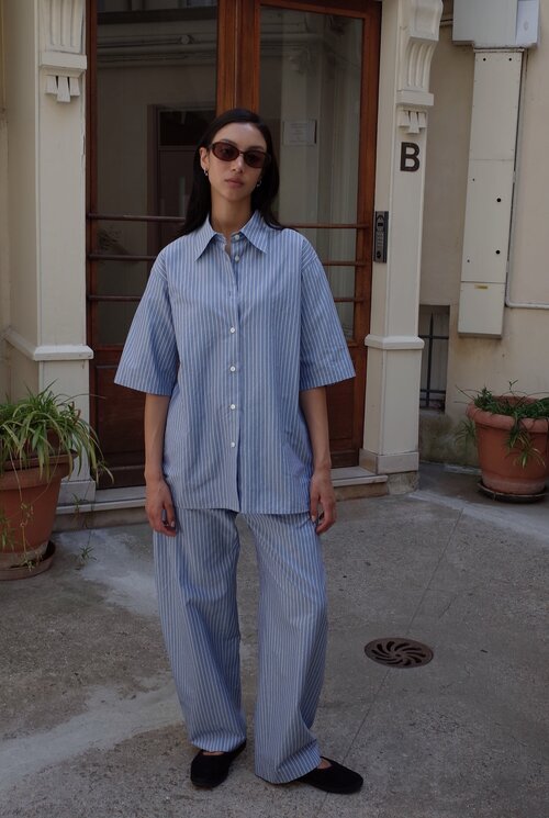 Silk Cotton Stripe Half Sleeve Shirt Sax