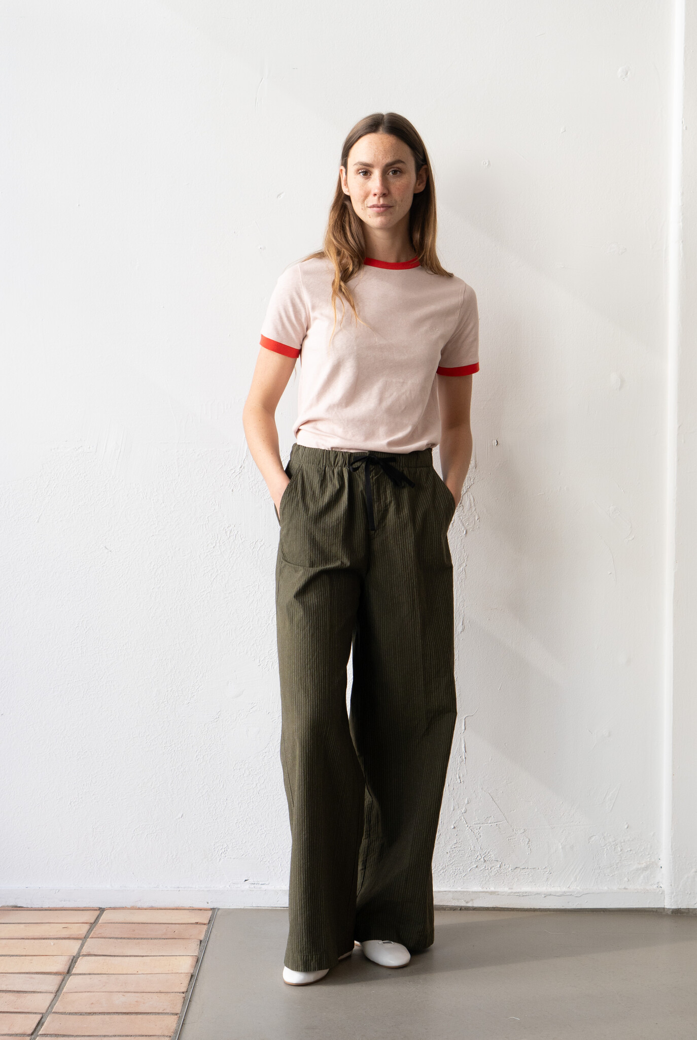 Cotton Moss Green Striped Trouser