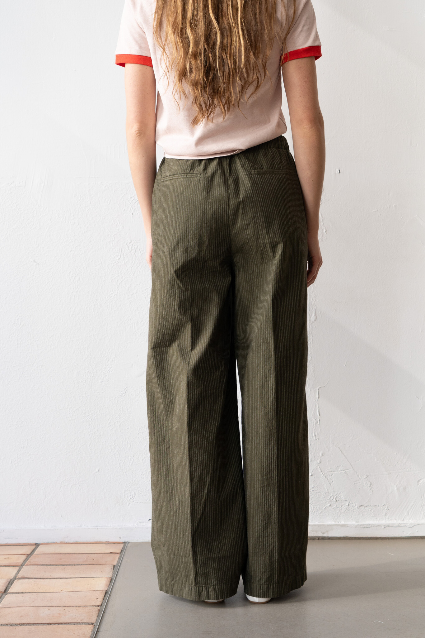 Cotton Moss Green Striped Trouser