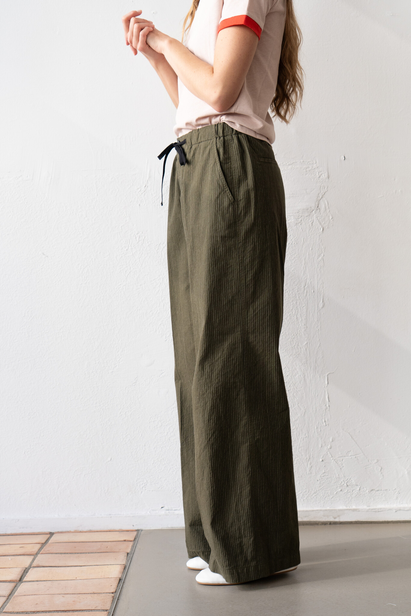 Cotton Moss Green Striped Trouser