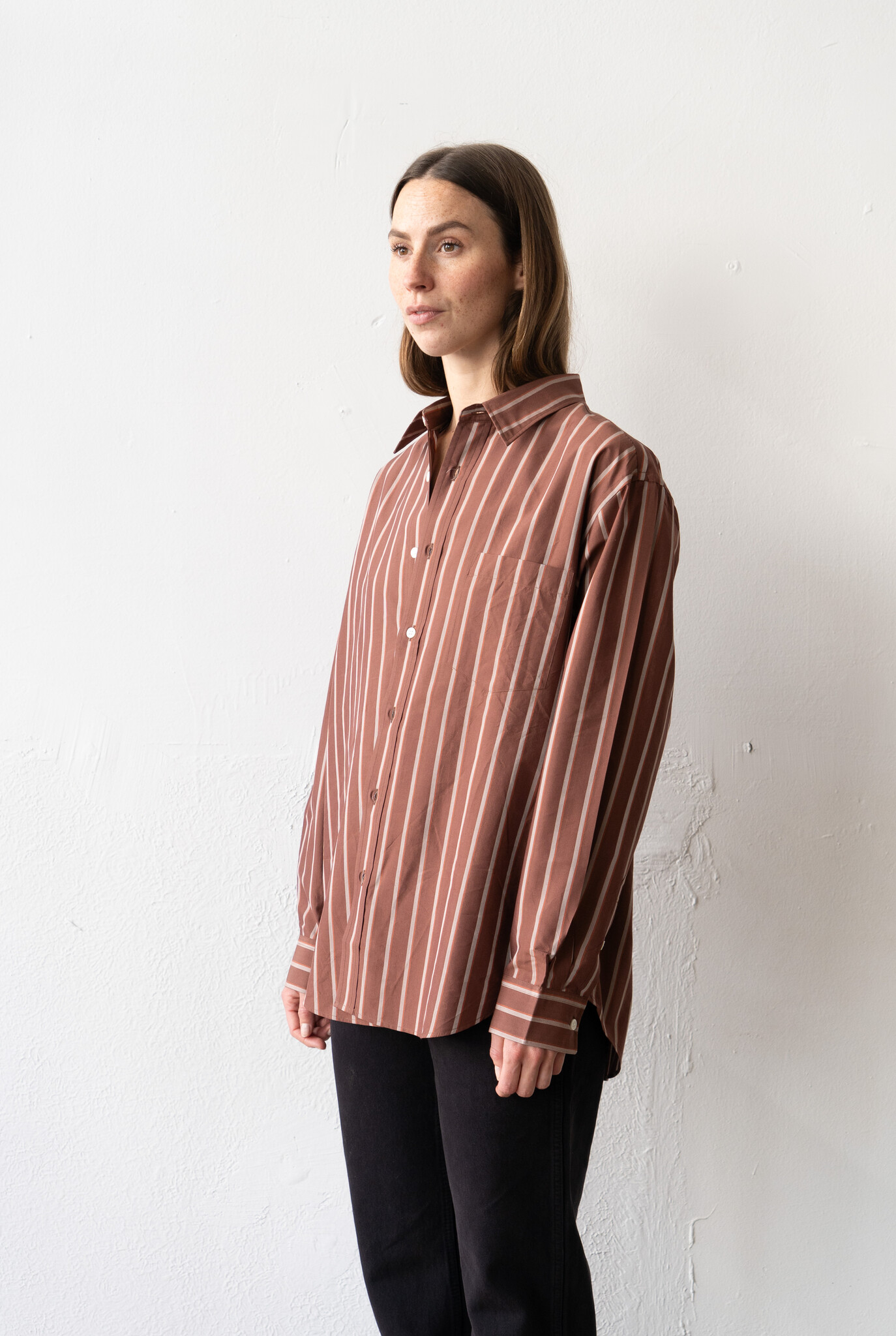 Silk Cotton Stripe Shirt Brown
