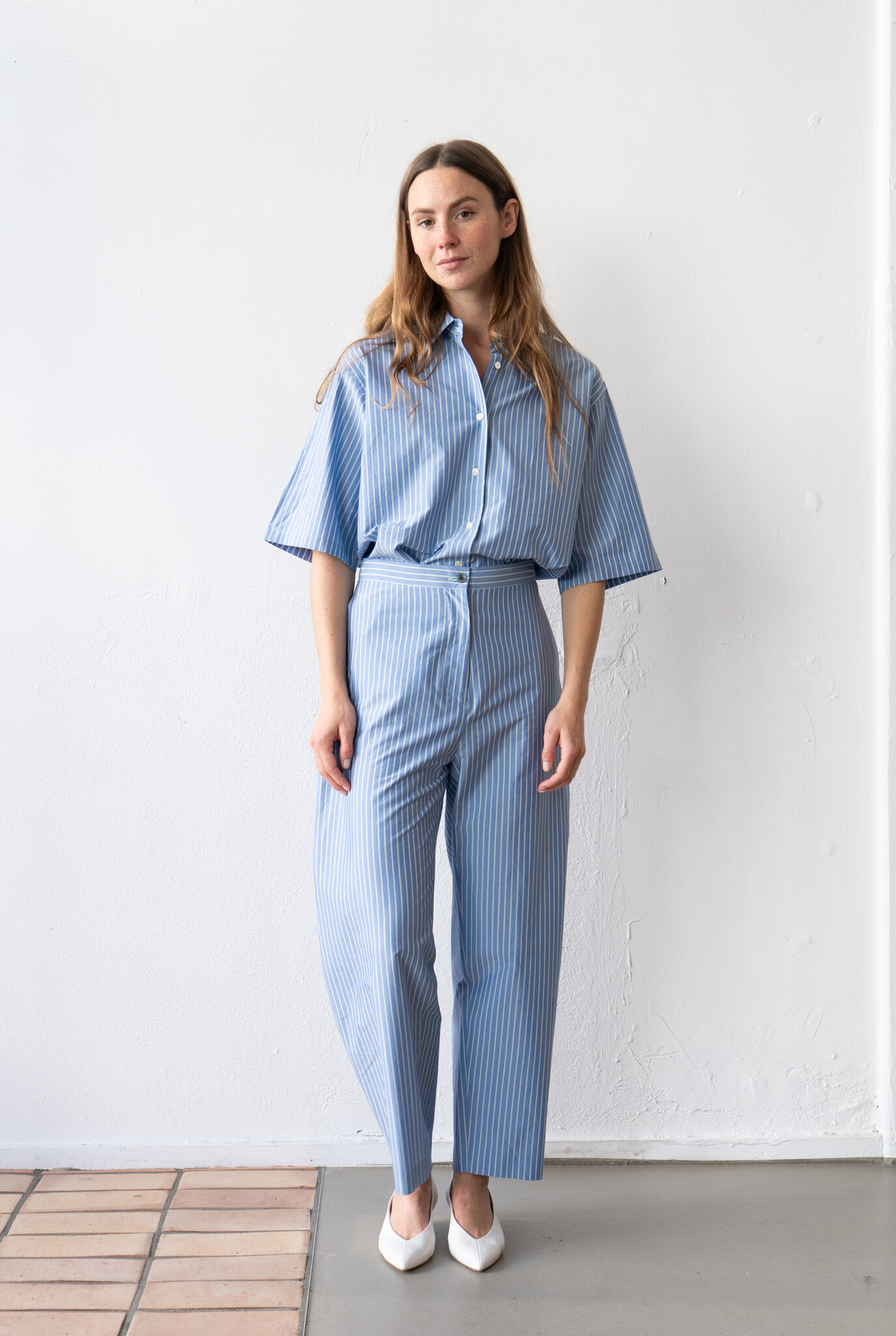 Silk Cotton Sax Stripe Easy Curve Pants