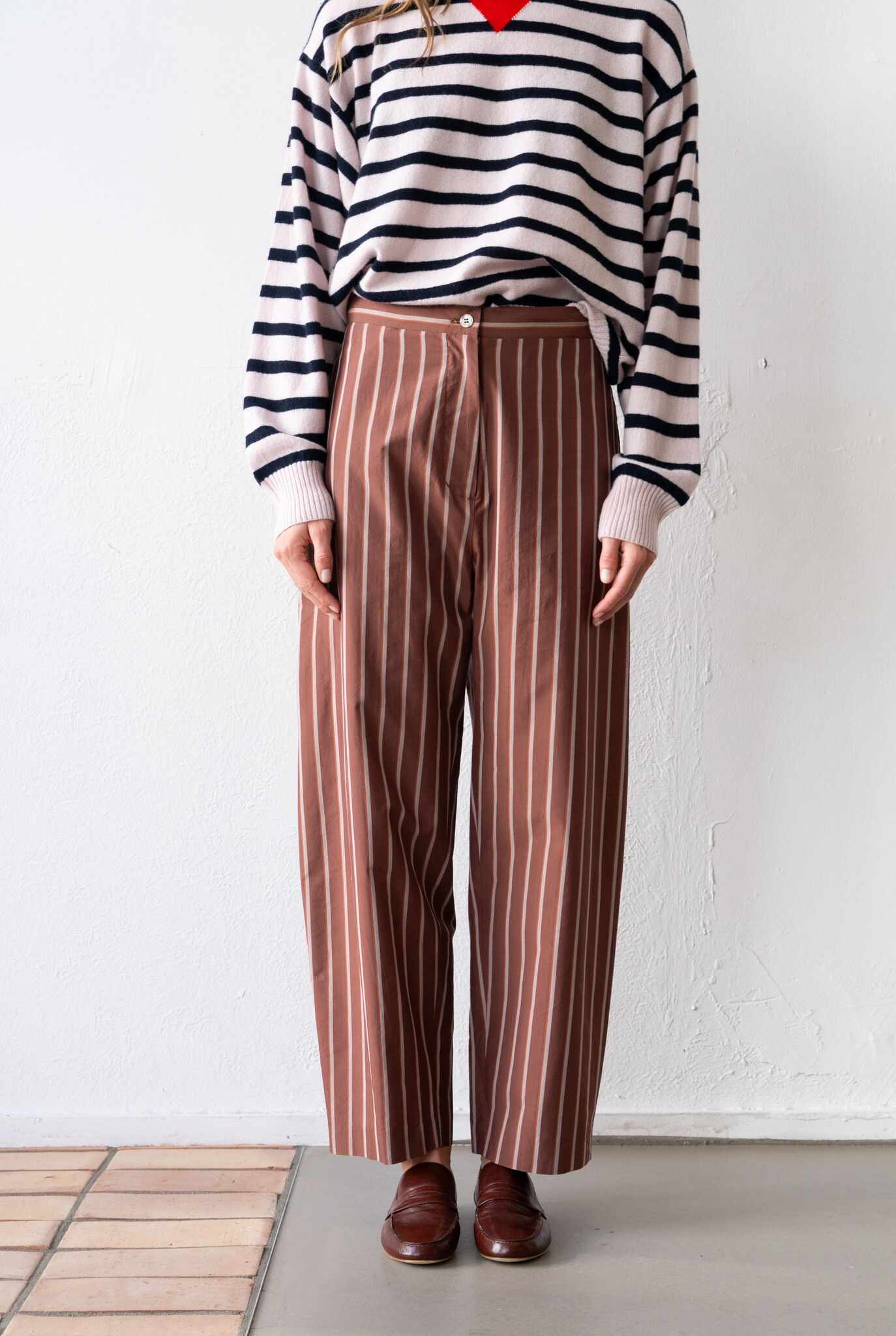 Silk Cotton Brown Stripe Easy Curve Pants