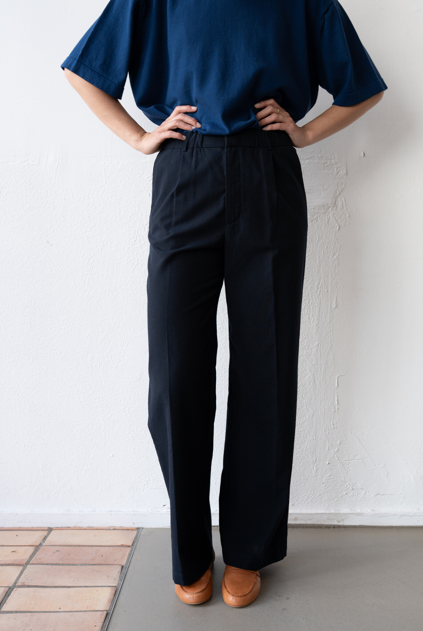 Cotton Wool Pleated Trouser Dark Blue