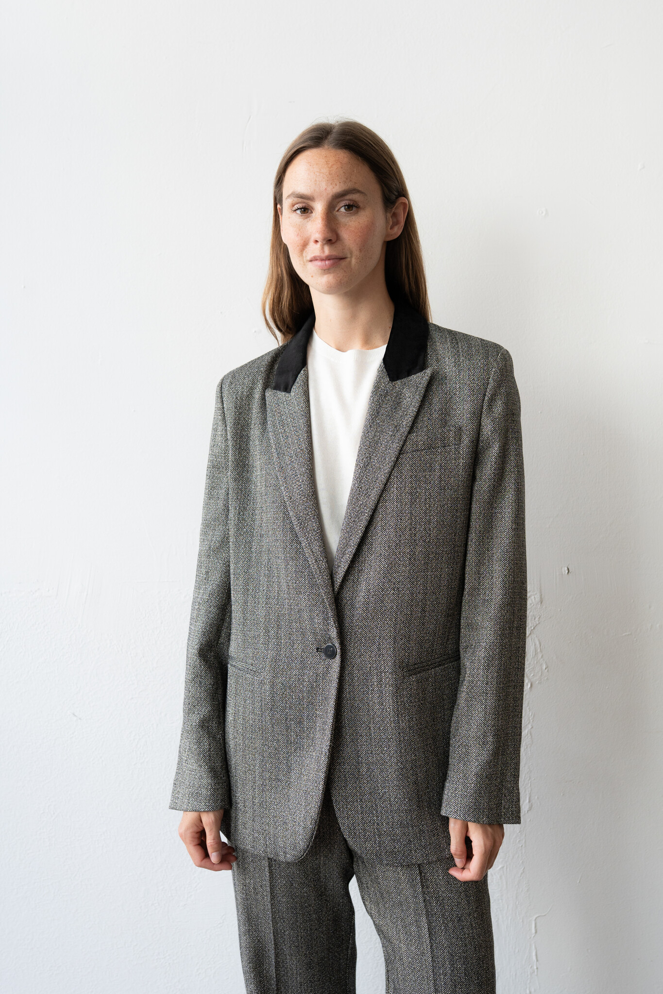 Velvet Collar Jaspé Chevron Blazer Nero