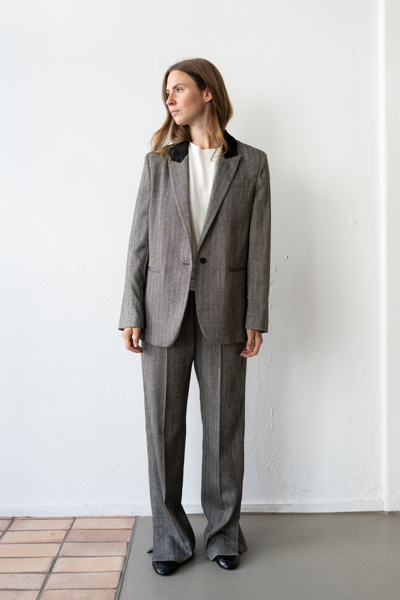 Velvet Collar Jaspé Chevron Blazer Nero