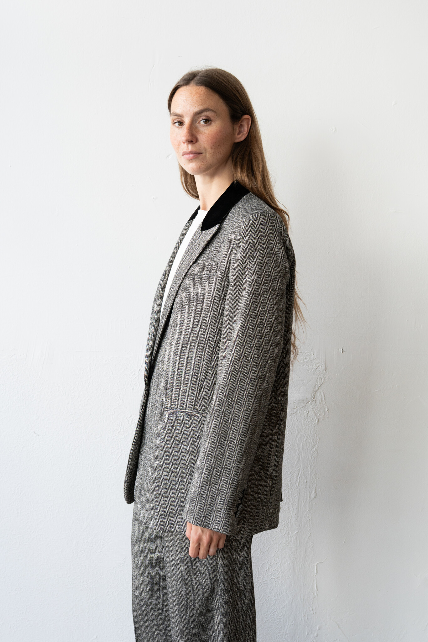 Velvet Collar Jaspé Chevron Blazer Nero
