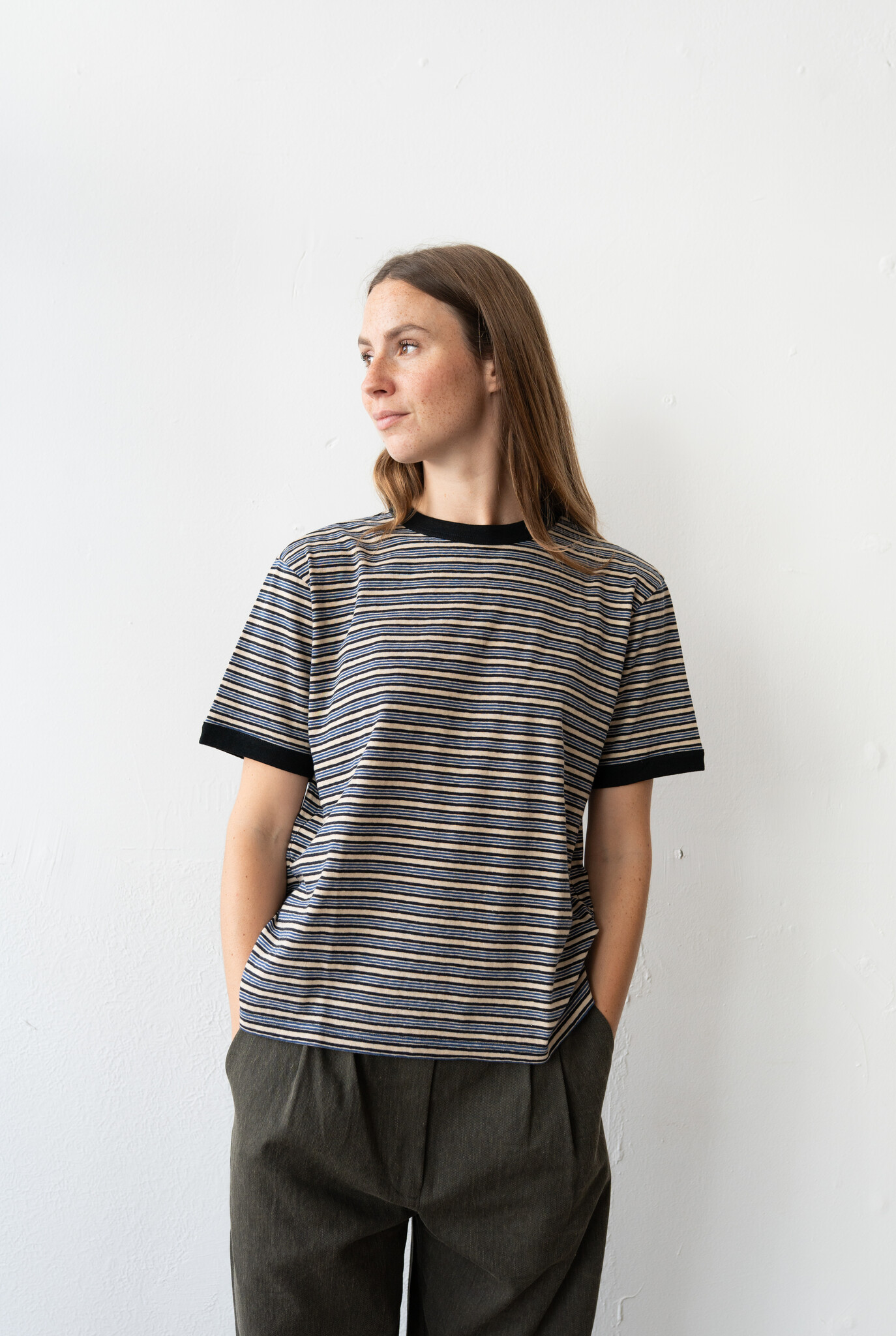 S/S t-shirt Ecru Navy Ochre Stripe