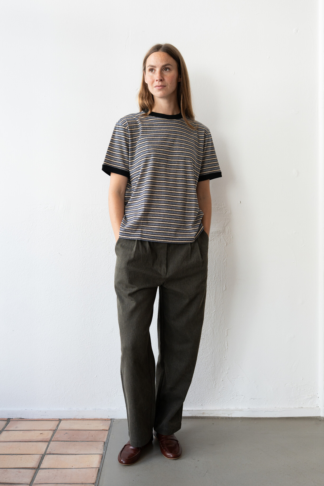 S/S t-shirt Ecru Navy Ochre Stripe