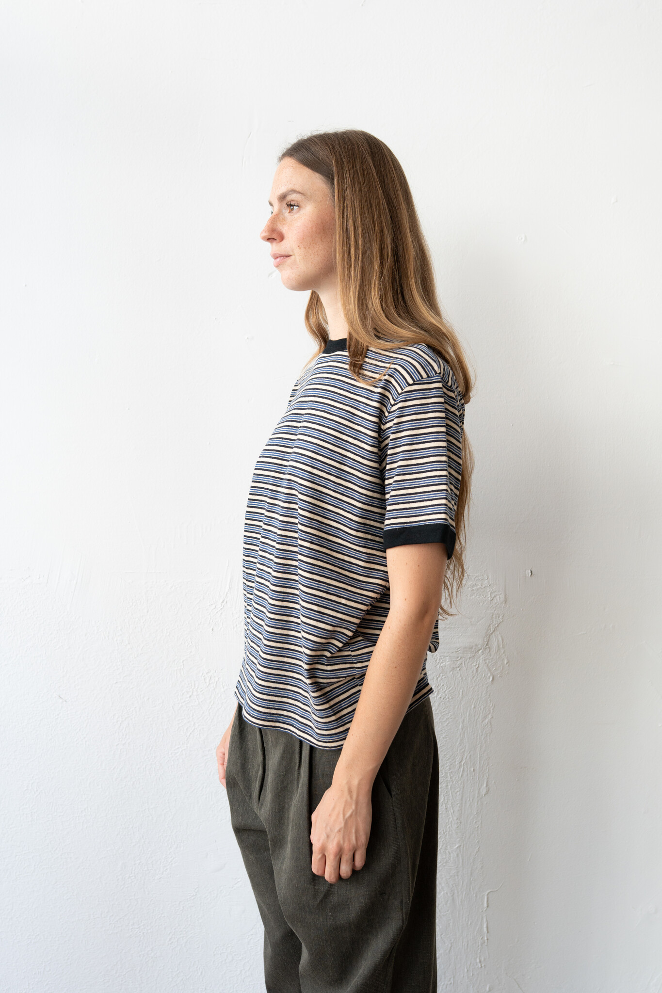 S/S t-shirt Ecru Navy Ochre Stripe
