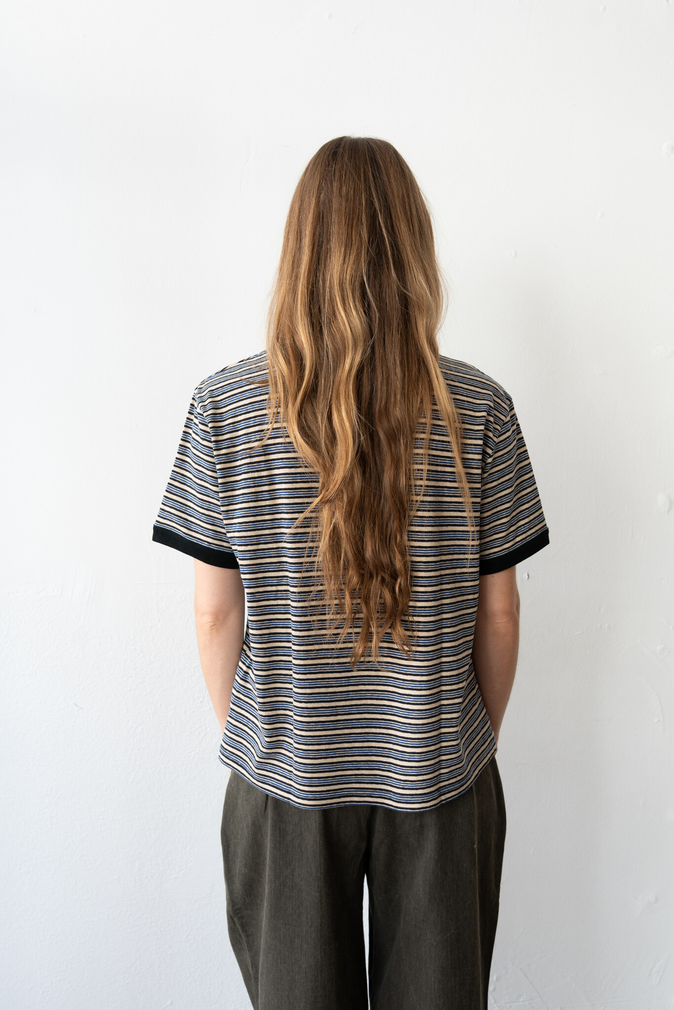 S/S t-shirt Ecru Navy Ochre Stripe