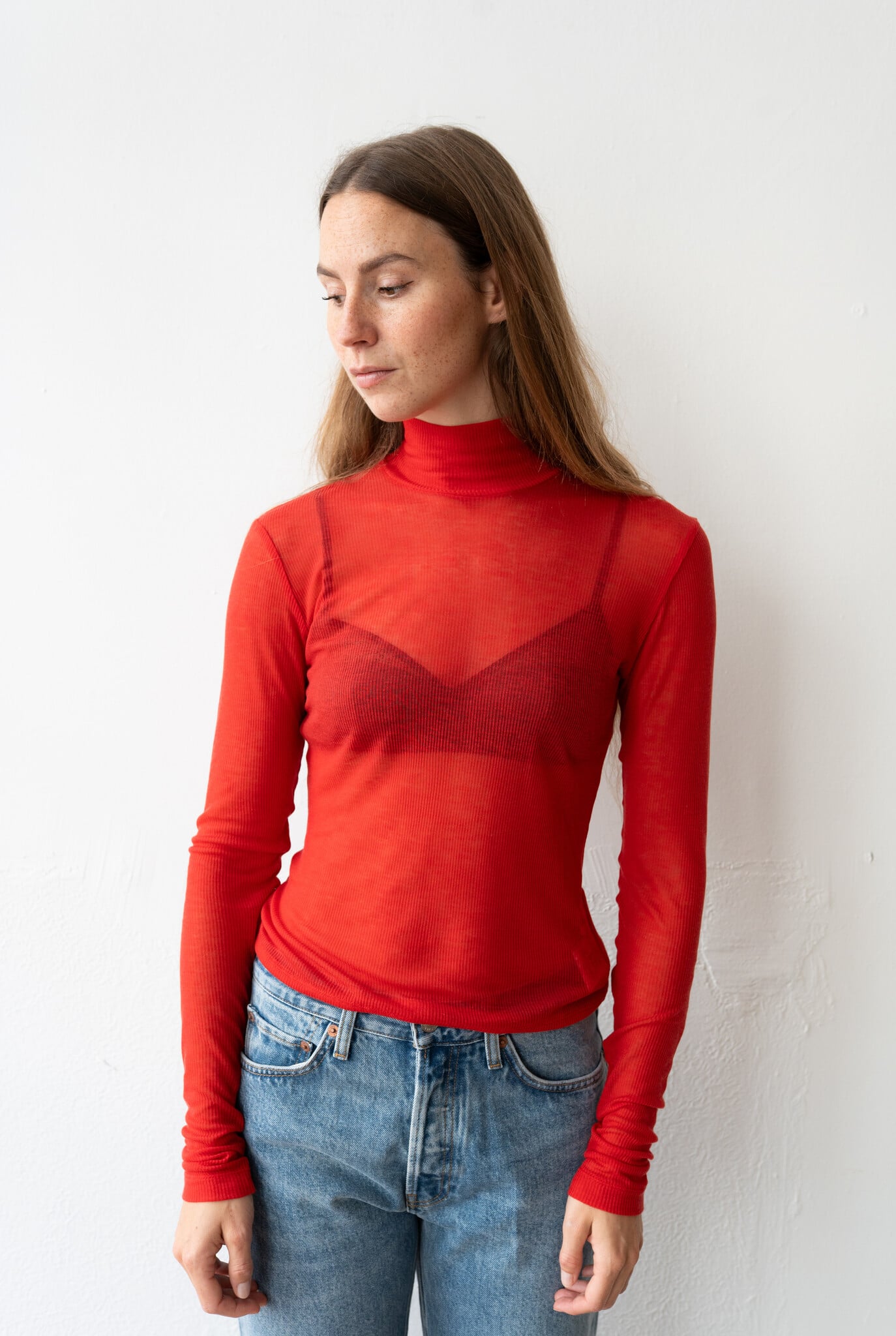 Rib Col Neck L/S T-shirt Red