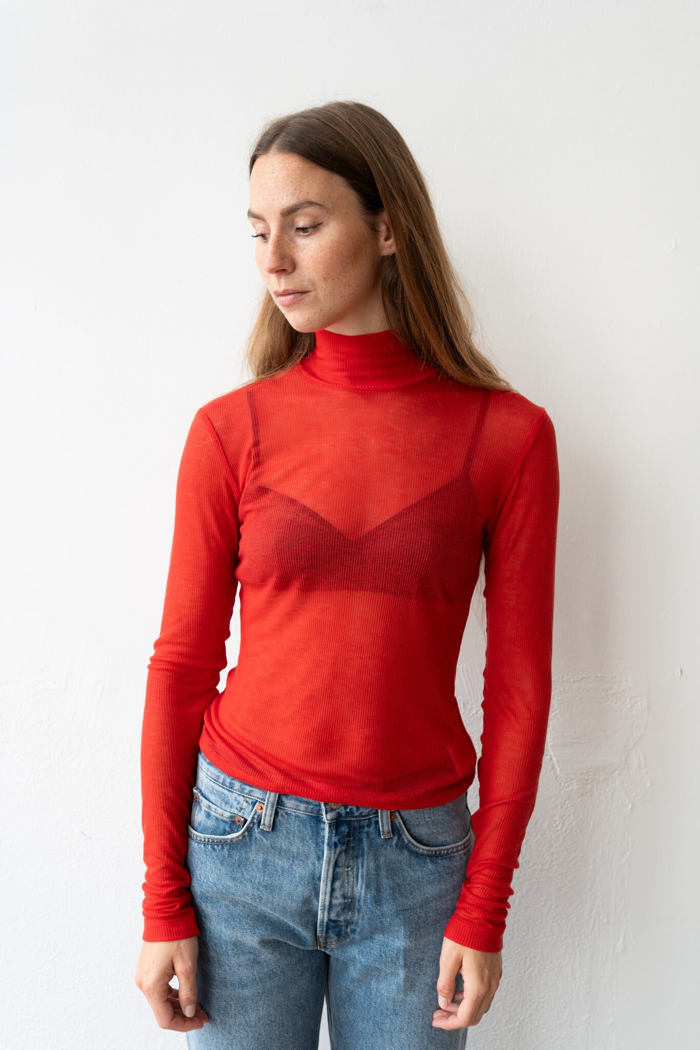 Rib Col Neck L/S T-shirt Red