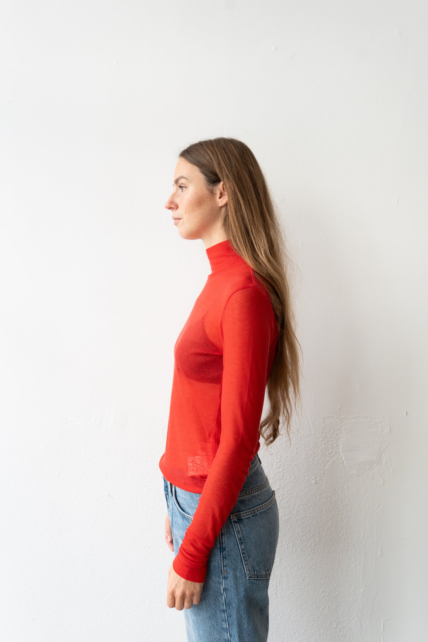 Rib Col Neck L/S T-shirt Red