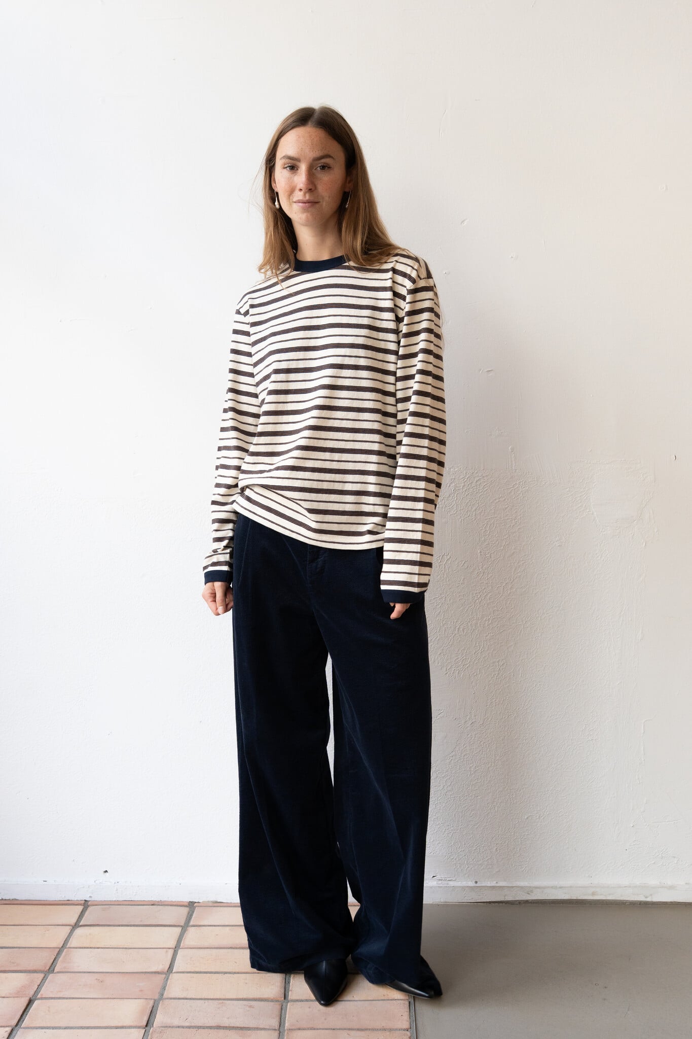 L/S T-shirt Ecru/Navy/Ochre Stripe