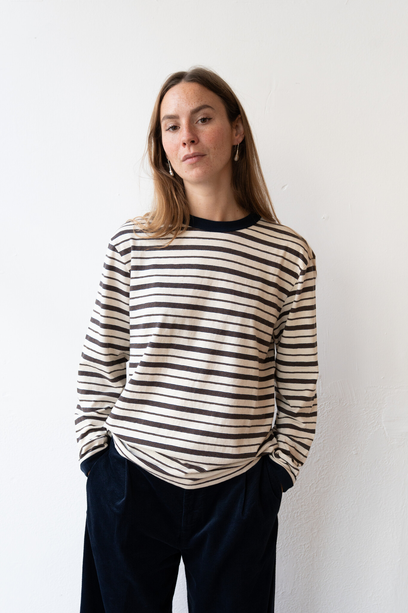 L/S T-shirt Ecru/Navy/Ochre Stripe