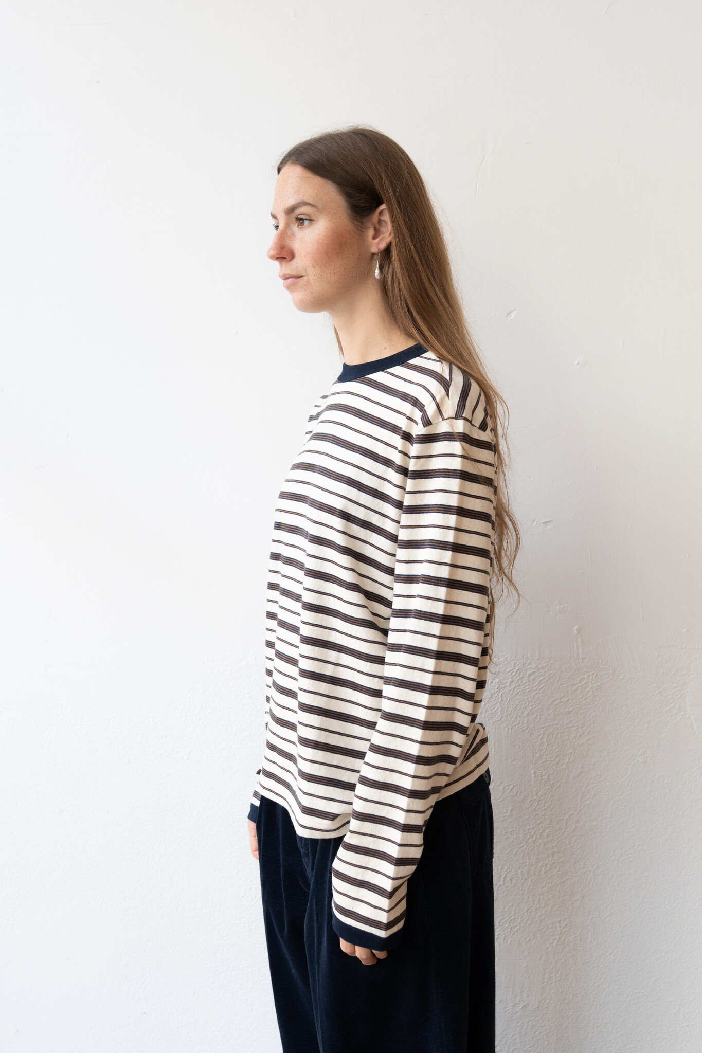 L/S T-shirt Ecru/Navy/Ochre Stripe