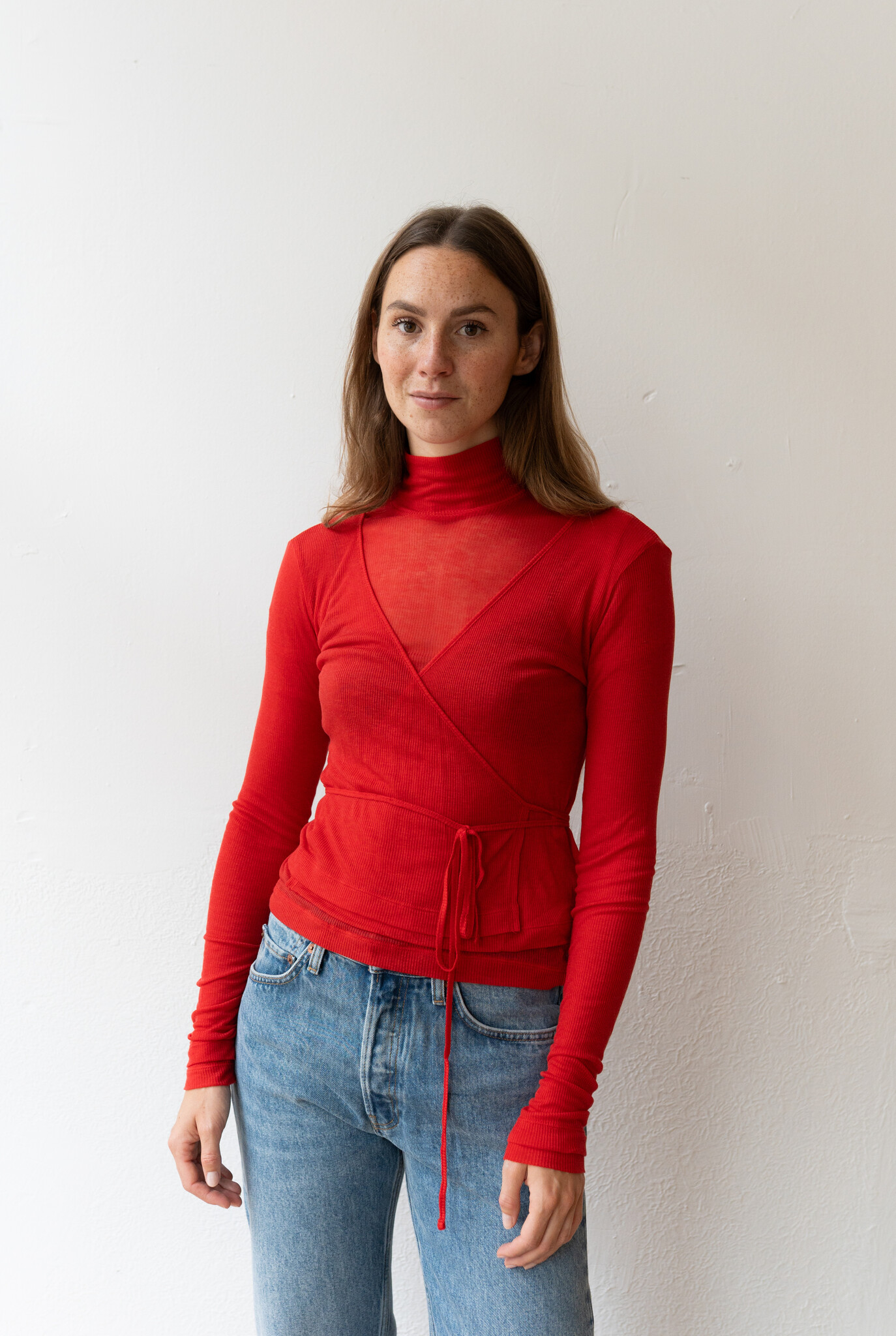 Rib Wrap Cardigan Red