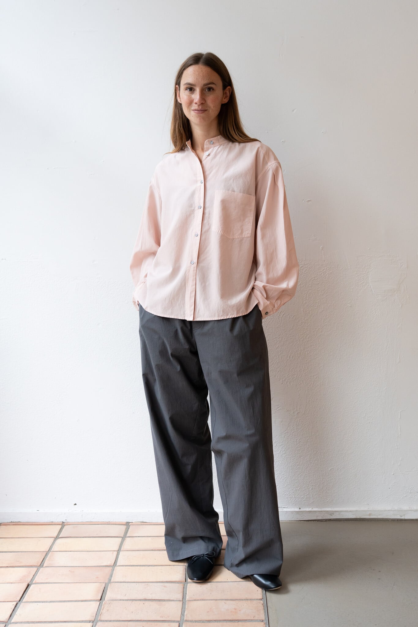 Silk And Cotton shirt Band Collar Antique Pink