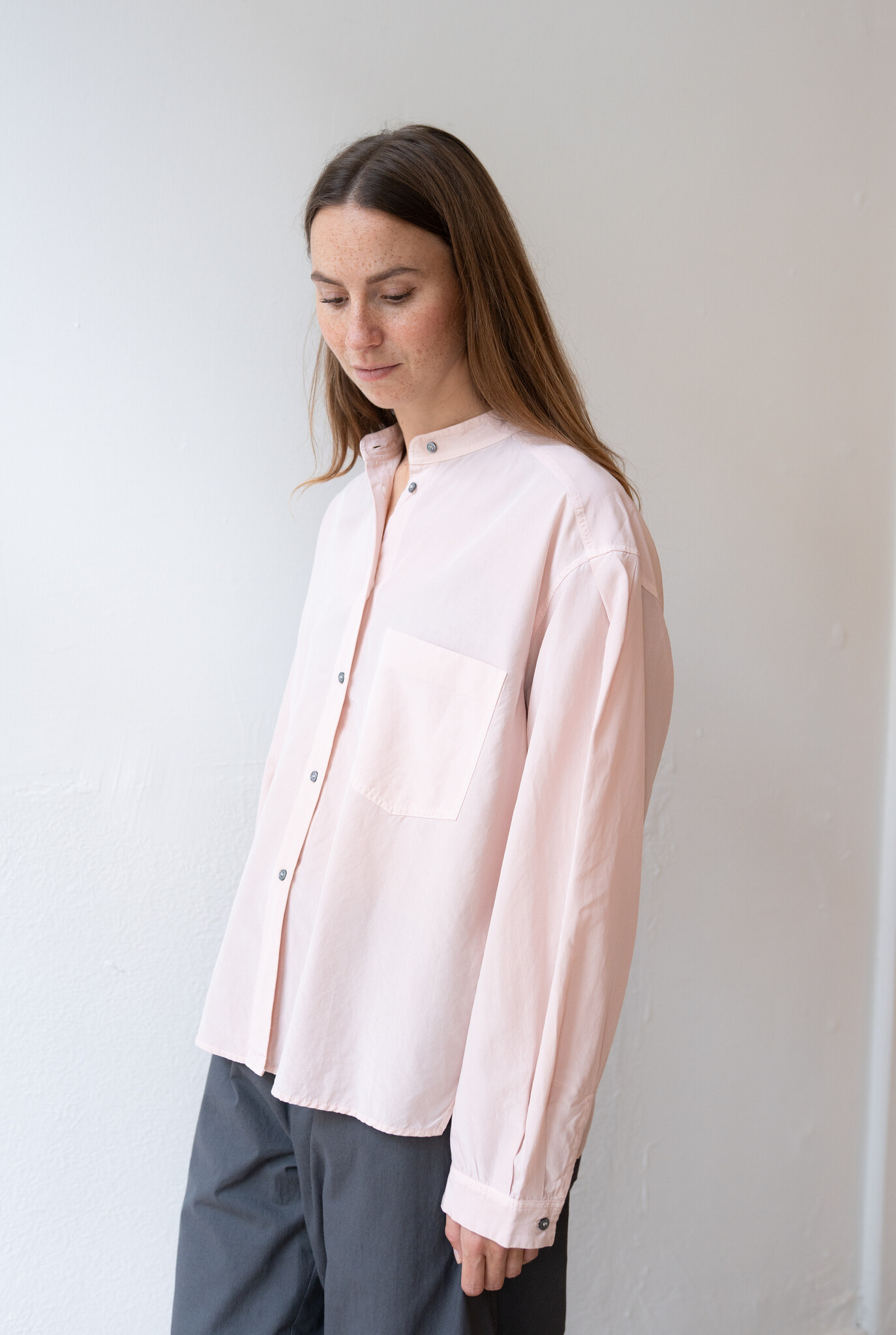 Silk And Cotton shirt Band Collar Antique Pink