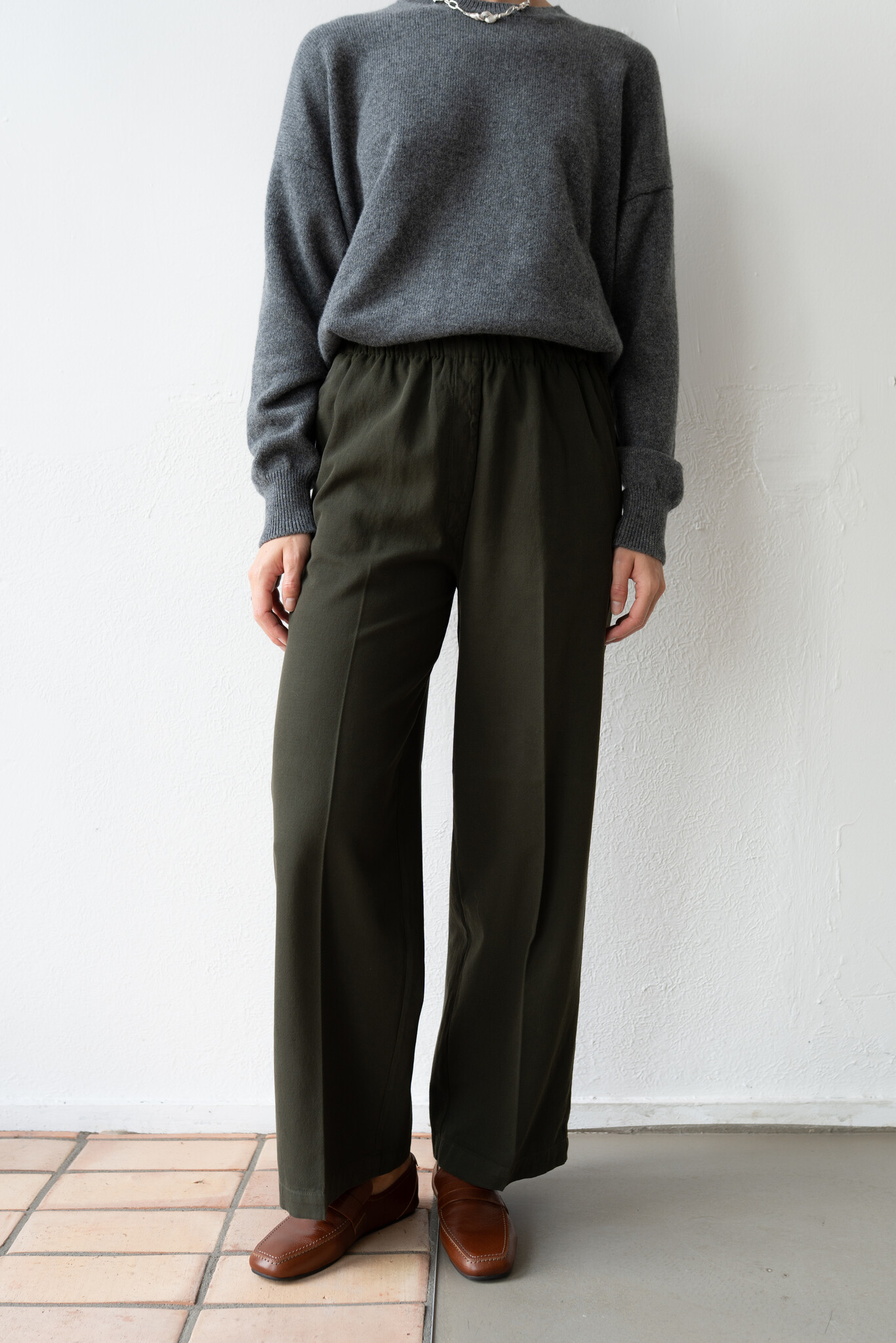 Elastic Waist Trouser Cotton Wool Forest Green