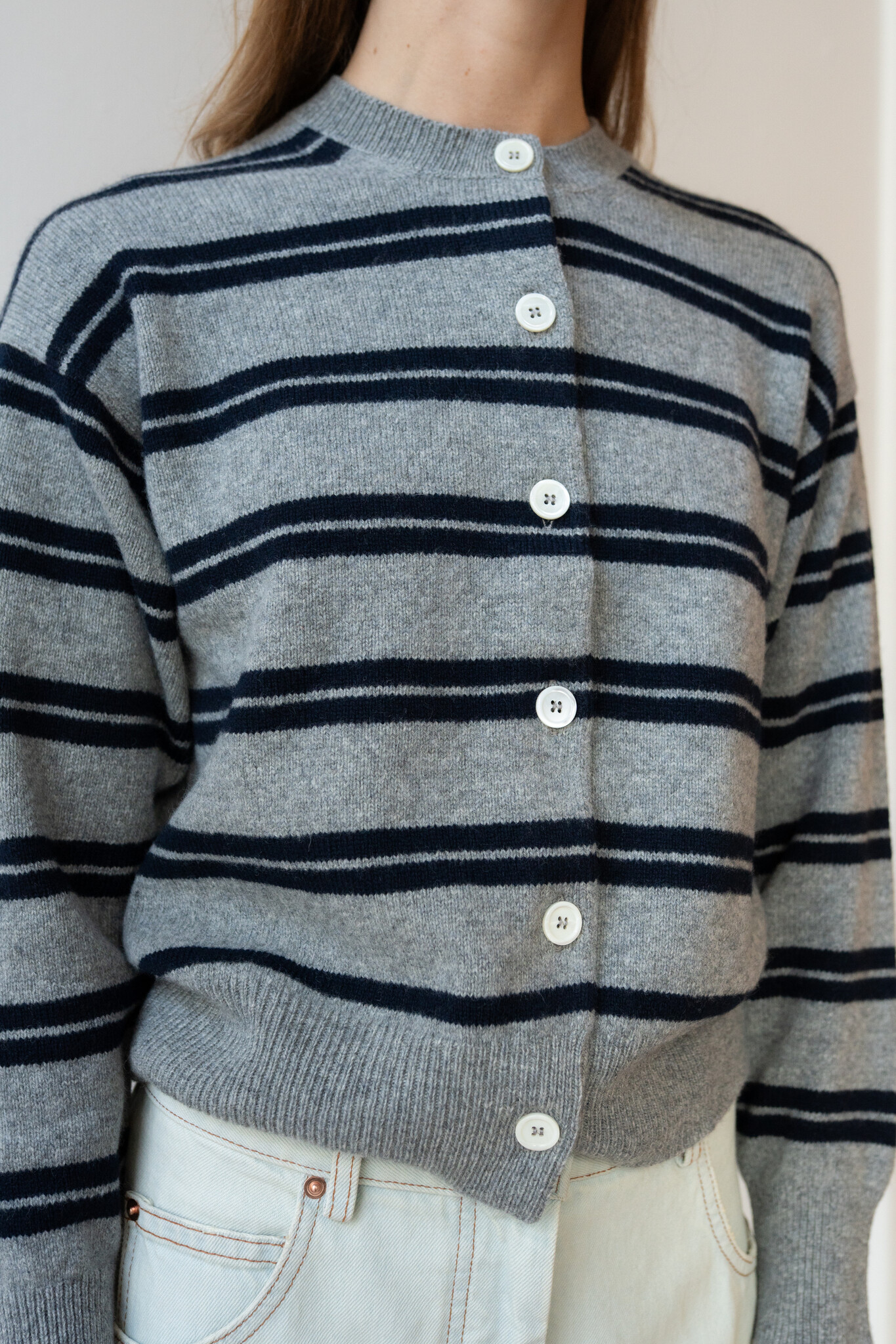 Ada Crewneck Cardigan Stripe Grey Navy