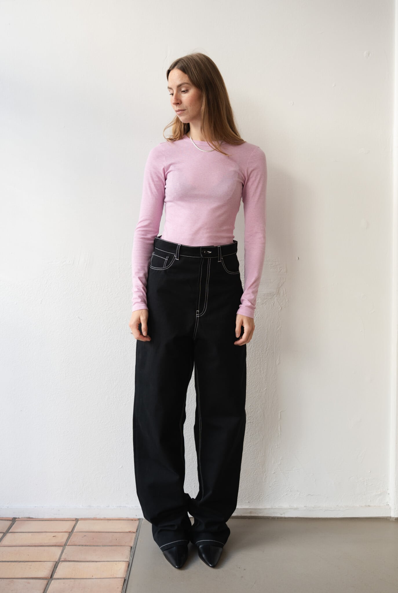 Cotton Silk Basic Long Sleeve T-shirt Pink
