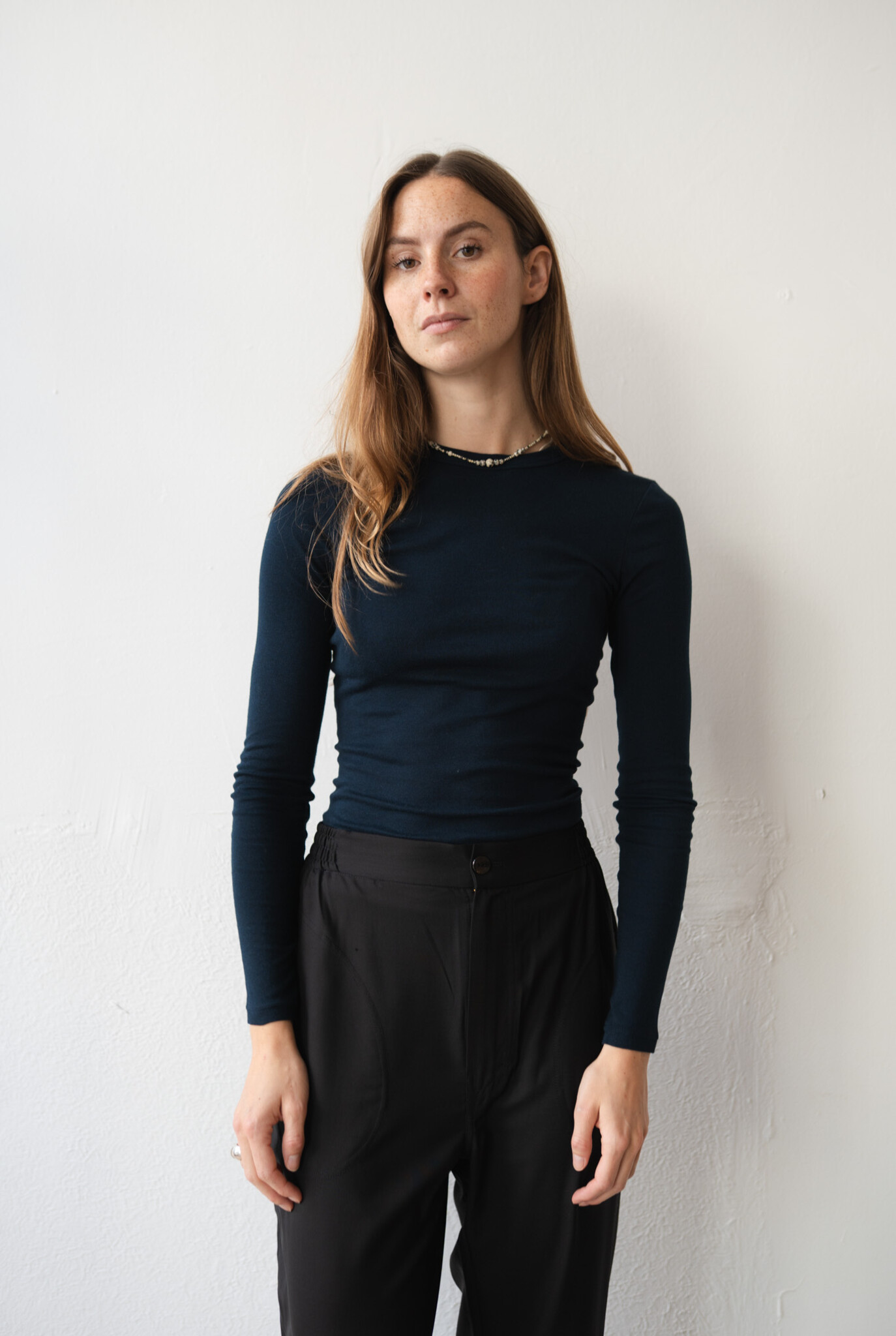 Cotton Silk Basic Long Sleeve T-shirt Navy